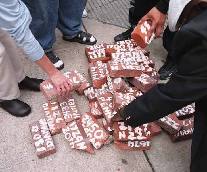 
				PBLIGHT0402NWSAS,10/04/00,Staff Photo by AKIRA SUWA; Philadelphia Interfaith Action (PIA) deliverd lots of bricks from collapsing and sinking homes to Mayor Street at City Hall to symbolize frustration at  his lack of action so far on a blight plan. PIA is a regional multi-denominational, multi-ethnic citizens group representing dozens of neighborhoods. The group presented Street with a blueprint for fighting blight last summer, with no response. --- Demonstrators are dumping bricks in front of the City Hall NE entrance.		