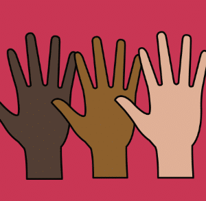 Hands of different races against a red background