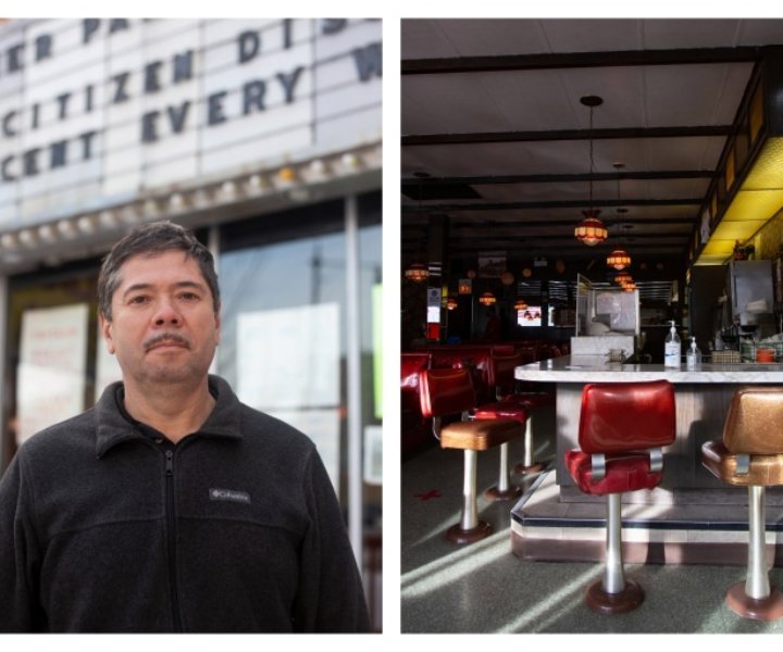 Left: Hugo Espino, longtime co-owner and manager of Golden House Restaurant and Pancake House, poses for a portrait outside his restaurant on January 29, 2021. Right: two bottles of hand sanitizer sit on the bar inside the restaurant on February 25, 2021. (Photo: Woojae Julia Song for Block Club Chicago/CatchLight Local Chicago)
