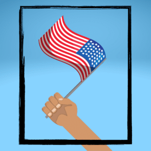 Decoration only: A hand extends from the bottom of the image, grasping a small American flag against a sky blue backdrop.