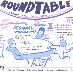 A graphic illustration from a discussion about collaborative journalism and public media features cartoon drawings of people working together surrounded by relevant words and concepts from the discussion.