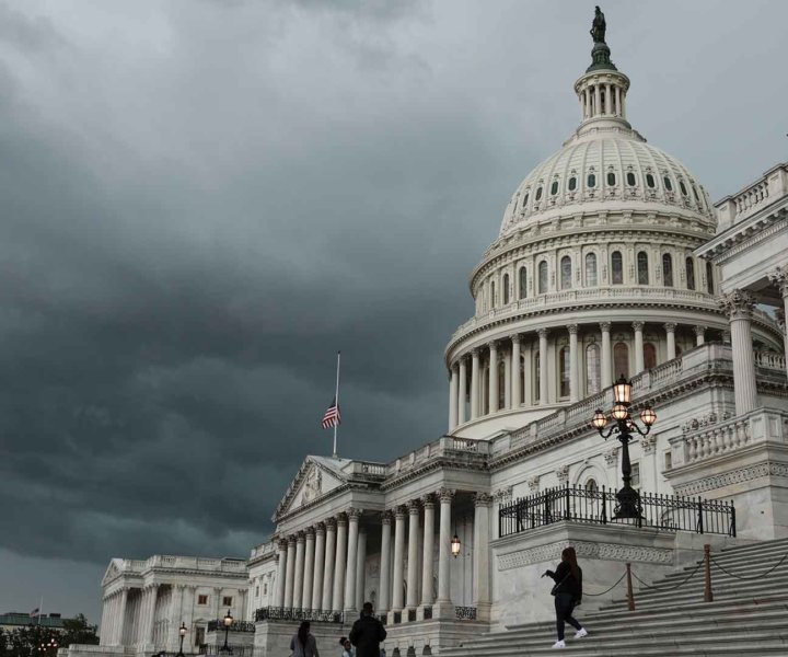 WASHINGTON, DC - MAY 16: A storm cloud hangs over the U.S. Capitol Building on May 16, 2022 in Washington, DC. This week the U.S. Senate is expected to take up a vote on a $40 billion package of military and humanitarian aid to Ukraine. (Photo by Anna Moneymaker/Getty Images)