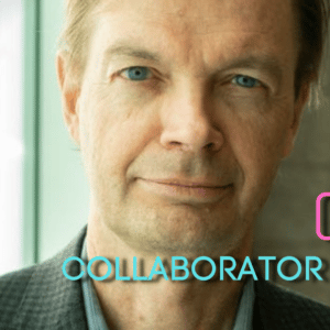 A headshot of Frank Mungeam behind blue and pink text that reads, "Collaborator Q+A."