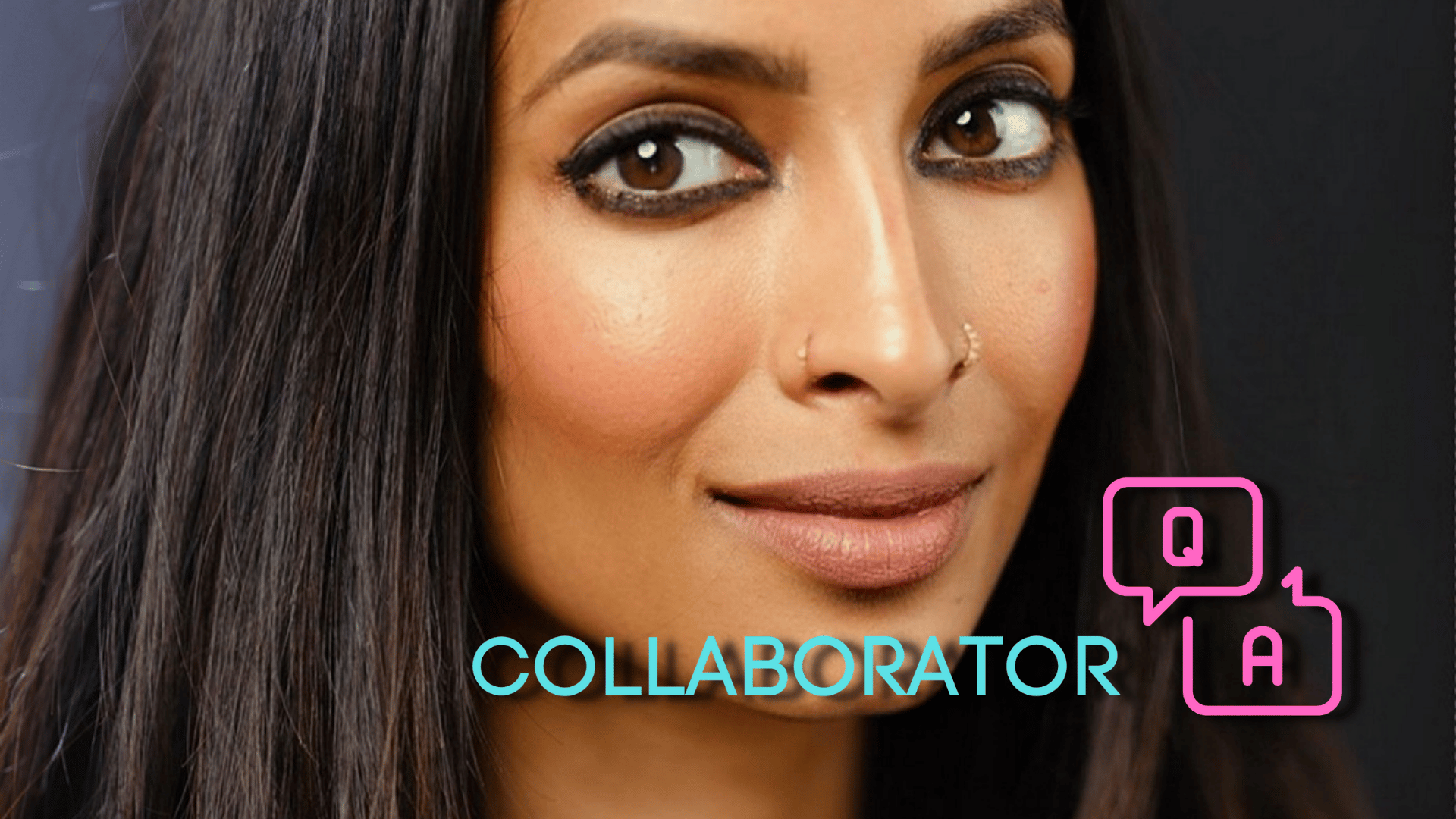 A closeup headshot of Preethi Nallu with blue and pink text and the bottom that reads, "Collaborator Q+A."