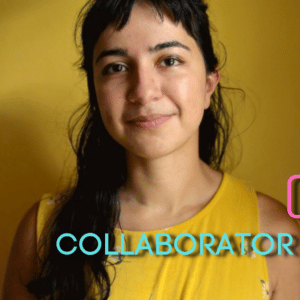 A headshot of Sonam Vashi with blue and pink text at the bottom that reads, "Collaborator Q+A."