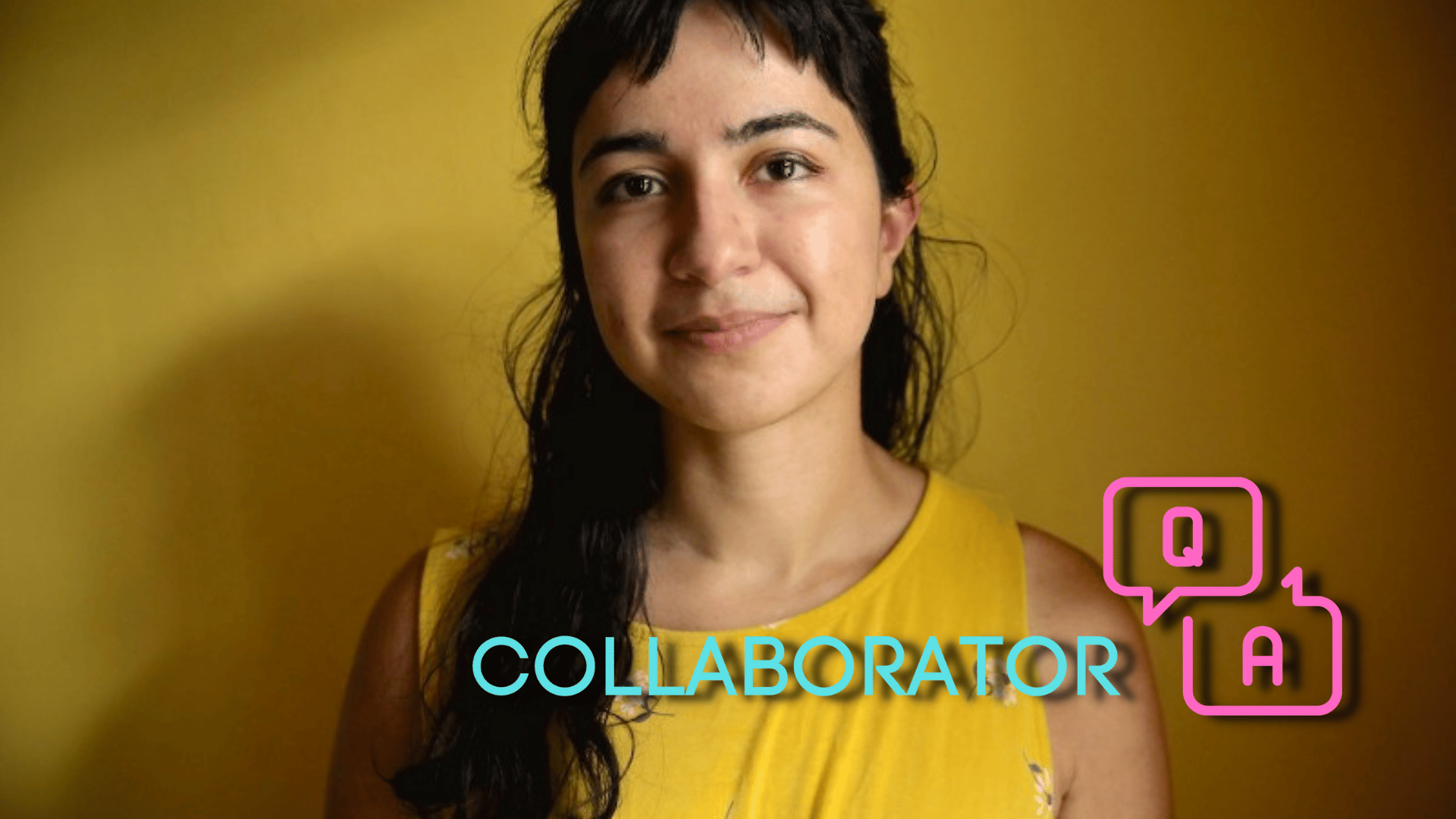 A headshot of Sonam Vashi with blue and pink text at the bottom that reads, "Collaborator Q+A."