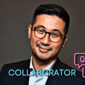 A headshot of Paul Cheung behind blue and pink text that reads, "Collaborator Q+A."