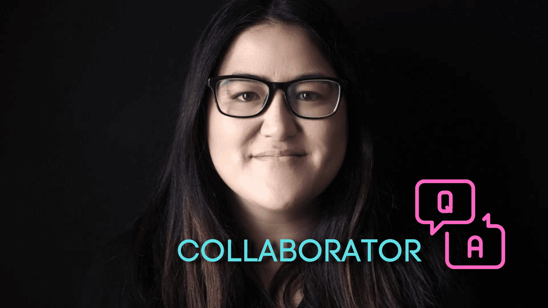 A headshot of Ashley Alvarado behind blue and pink text that reads, "Collaborator Q+A."
