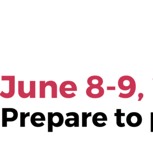 A red circular icon on the left with six red dots around the outside and two red triangles inside the circle that are pointing up and to the right. Red and black text to the right of the icon says, "June 8-9, 2023. Prepare to partner."