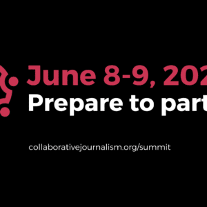 A black background with a red circular icon on the left. There are six red dots around the outside and two red triangles inside the circle that are pointing up and to the right. Red and white text to the right of the icon says, "June 8-9, 2023. Prepare to partner."