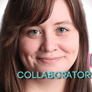 A headshot of Heather Bryant with blue and pink text at the bottom that reads, "Collaborator Q+A."