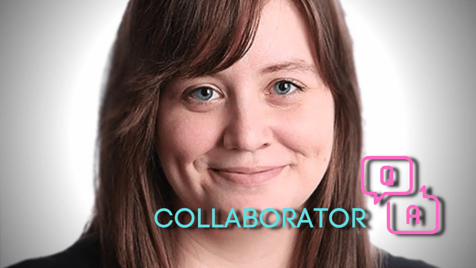 A headshot of Heather Bryant with blue and pink text at the bottom that reads, "Collaborator Q+A."