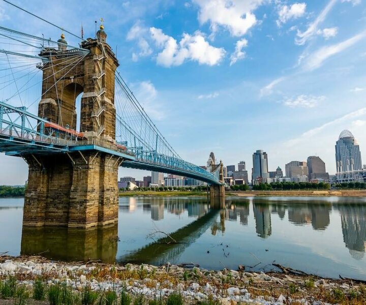 The Cincinnati skyline reflected in the Ohio River.