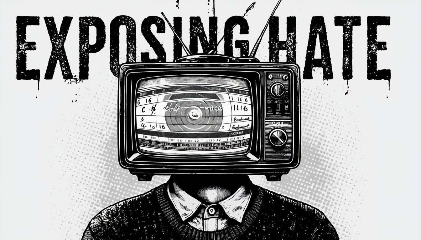 A black-and-white, vintage-style illustration shows a person with a television for a head. The TV screen displays dials, static, and handwritten numbers and symbols, evoking an old broadcast test pattern. Above the figure, the bold word "EXPOSING HATE" is partially obscured by the television, suggesting a message about media and hate. The person wears a collared shirt and sweater.