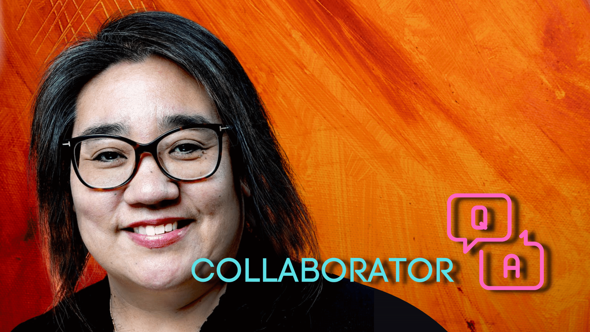 A smiling woman, Kimi Yoshino, with dark hair and glasses against a bright orange background. The word "COLLABORATOR" appears in turquoise text across the image, with stylized pink Q&A speech bubble icons to the right.