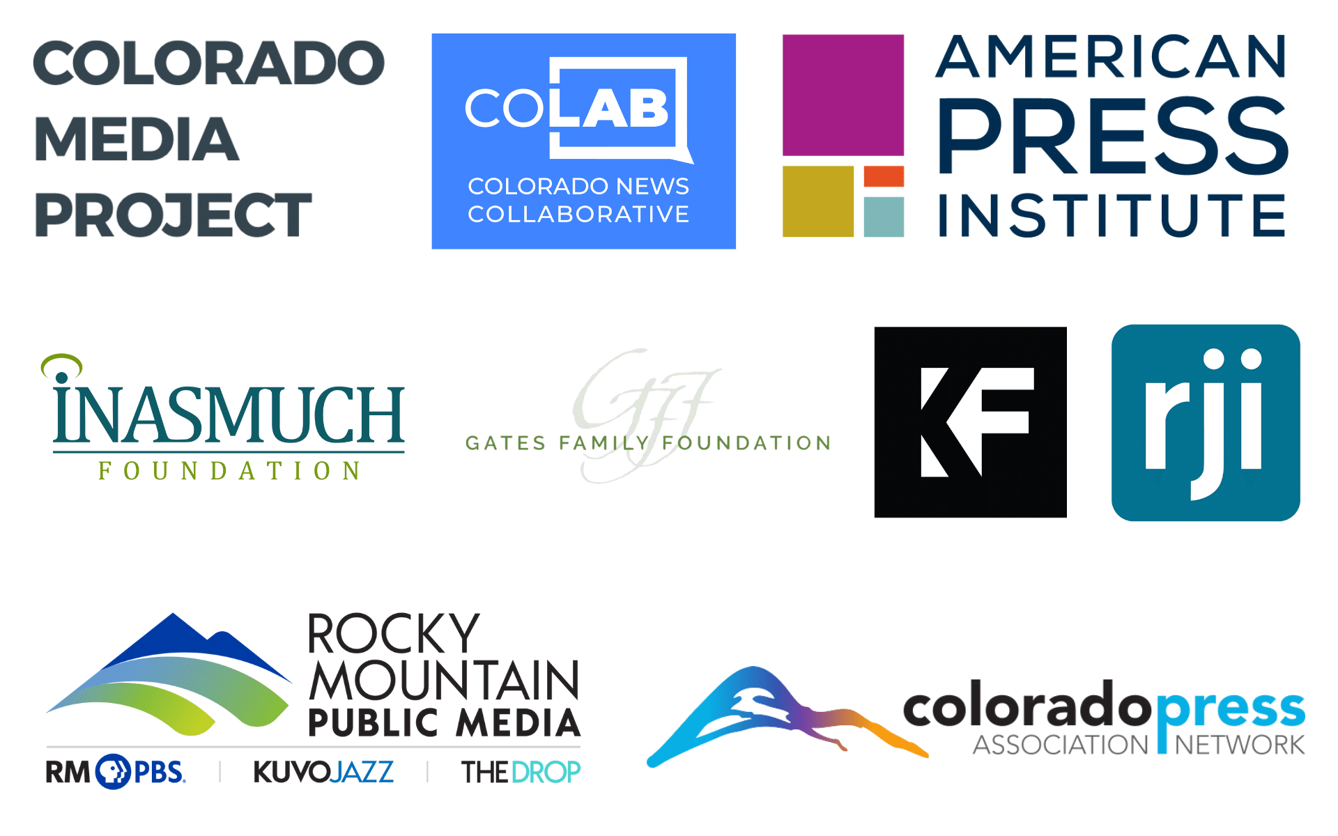 A collection of logos from media organizations and foundations supporting journalism initiatives, including Montclair State University's Center for Cooperative Media, Colorado Media Project, Kresge Foundation, American Press Institute, INASMUCH Foundation, Knight Foundation, RJI, Rocky Mountain Public Media, and Colorado Press Association Network.