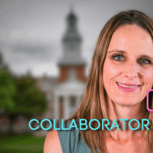 Headshot of Heather May in front of a state capitol building with its distinctive dome. The word "COLLABORATOR" appears in blue text next to her, and a pink Q+A icon is positioned to the right.