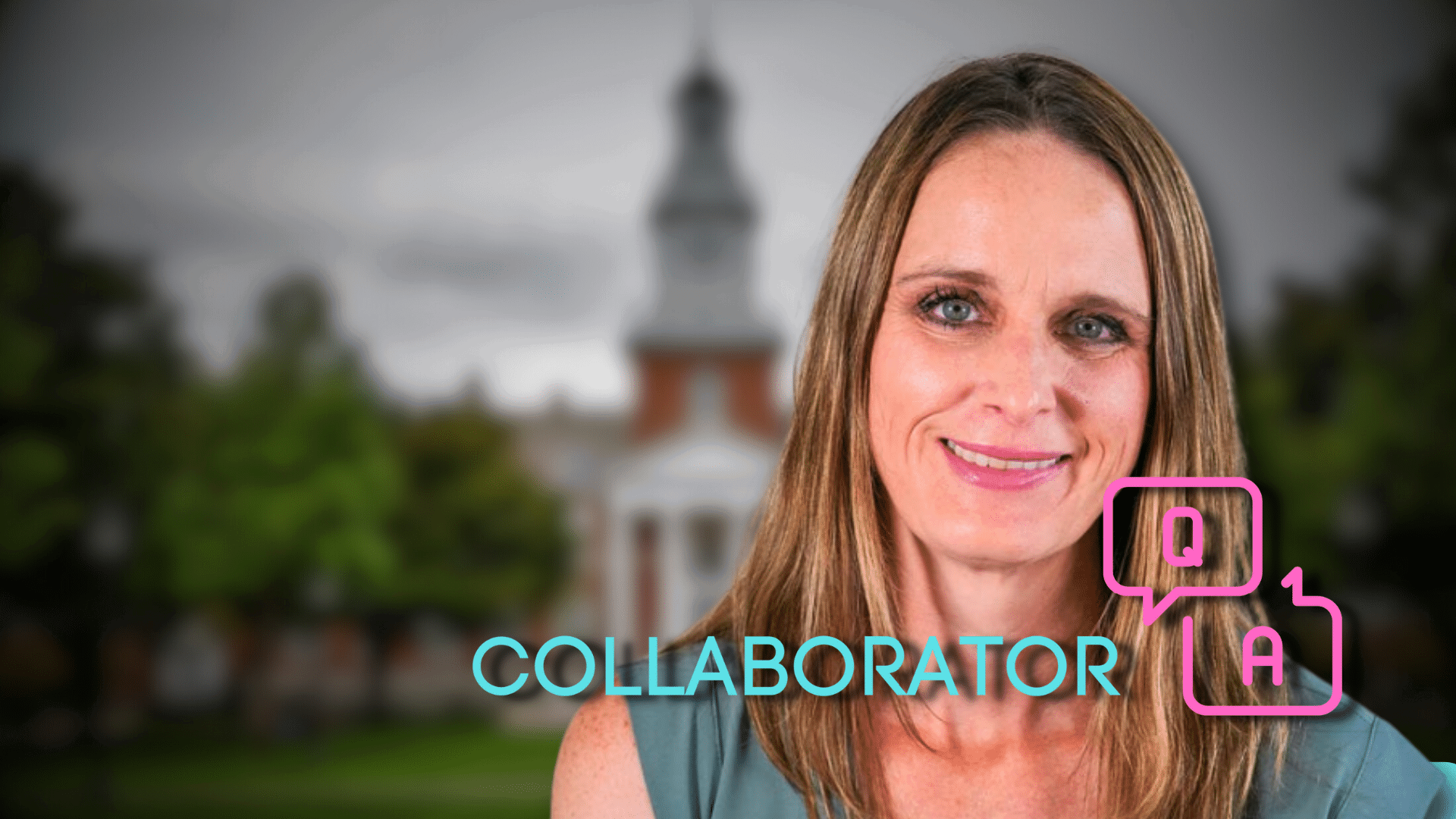 Heather May collaborator QnA Headshot of Heather May in front of a state capitol building with its distinctive dome. The word "COLLABORATOR" appears in blue text next to her, and a pink Q+A icon is positioned to the right.
