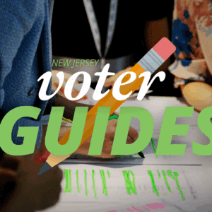 A person wearing a blue sweater fills out a ballot at a voting station, with "NEW JERSEY voter GUIDES" text overlaid on the image along with a pencil graphic.