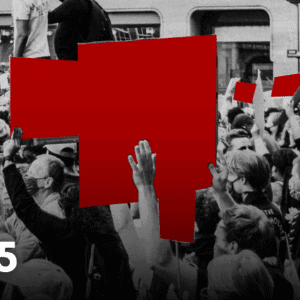 Black and white photograph of protesters holding red signs at a demonstration, with "2025" displayed in large white text in the lower left corner and a Democracy Day 2025 logo in the lower right corner.