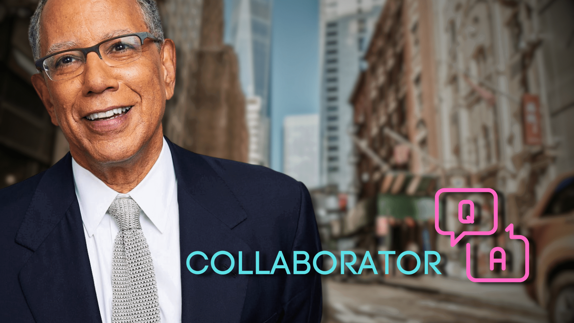 Dean Baquet collaborator QnA (1) Dean Baquet smiles in a navy suit and patterned tie, with promotional graphics reading "Collaborator" and showing Q&A icons in pink and teal.