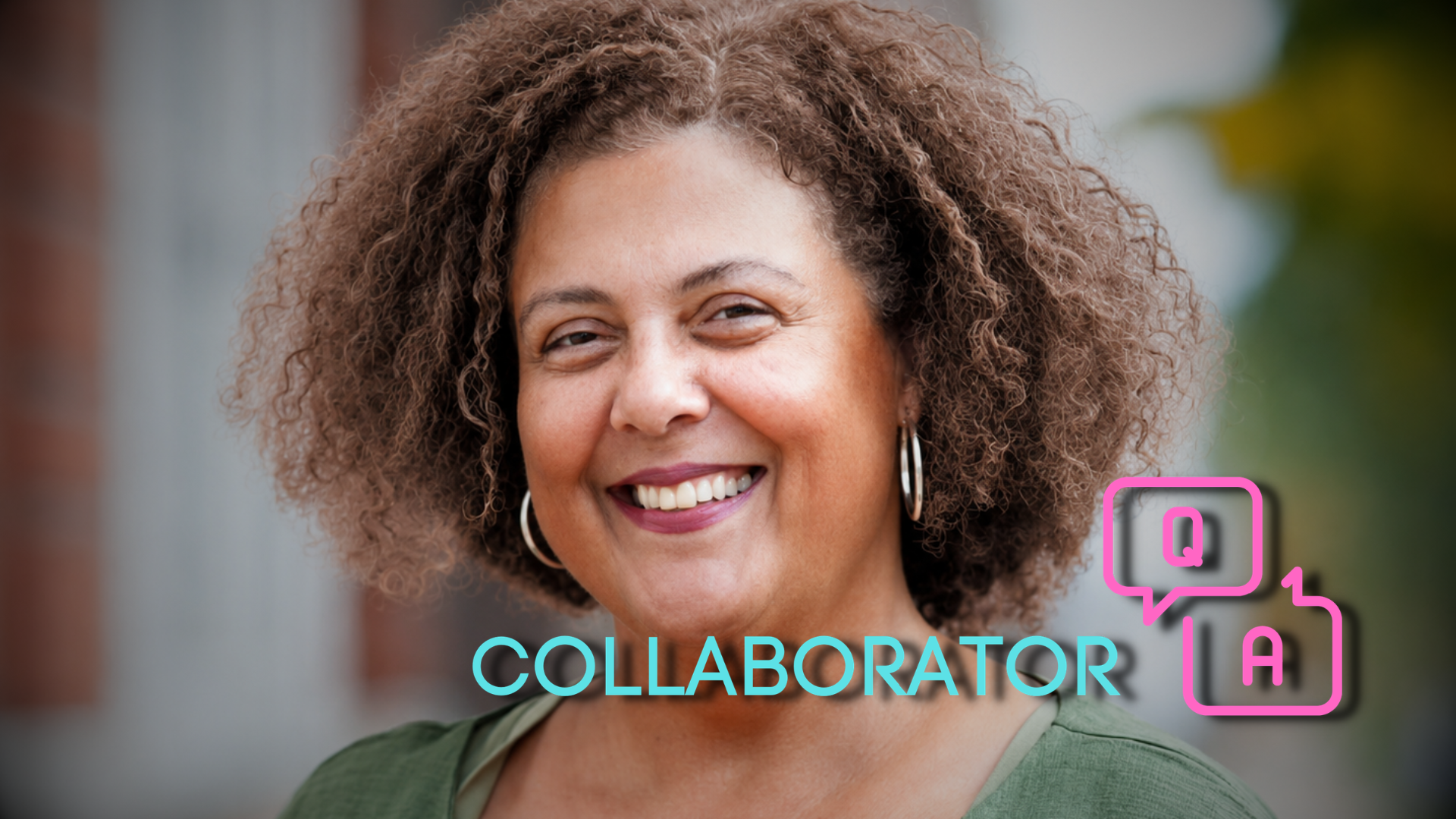 Holly Edgell smiles at the camera, with the word “COLLABORATOR” overlaid across the portrait alongside stylized Q&A speech-bubble icons.